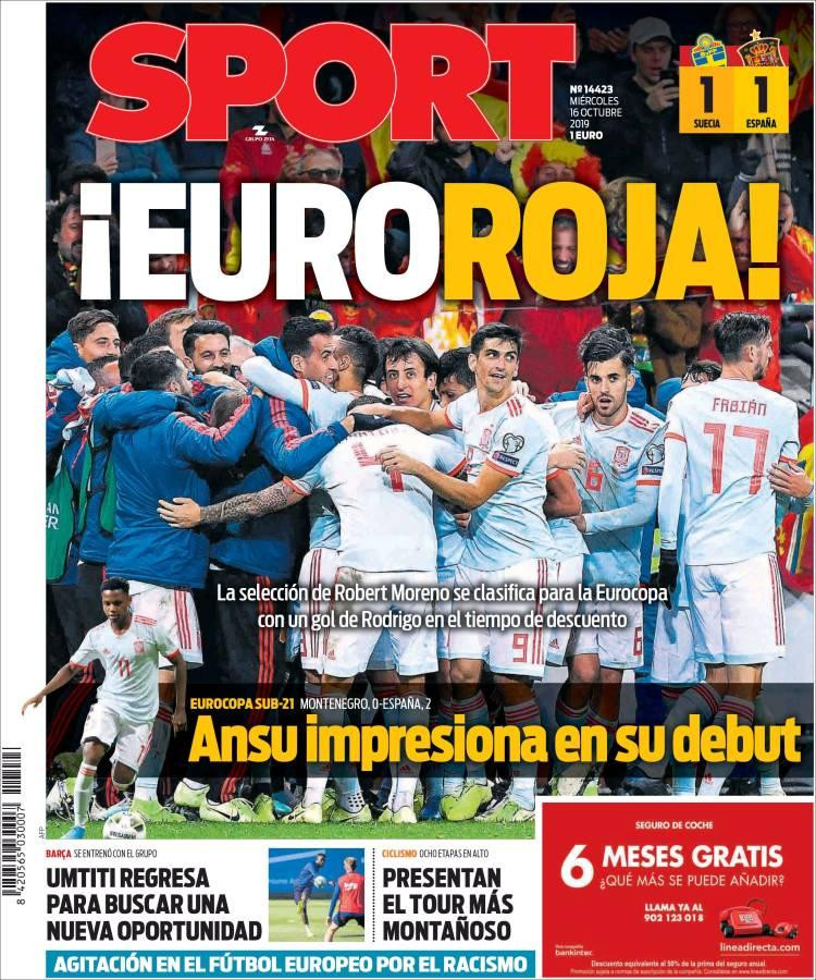 Tapas de diarios, Sport de España, miércoles 16-10-19