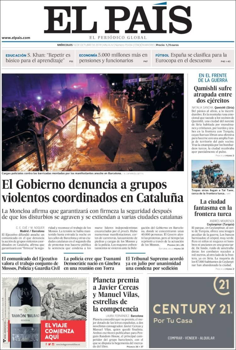 Tapas de diarios, El Pais de España, miércoles 16-10-19