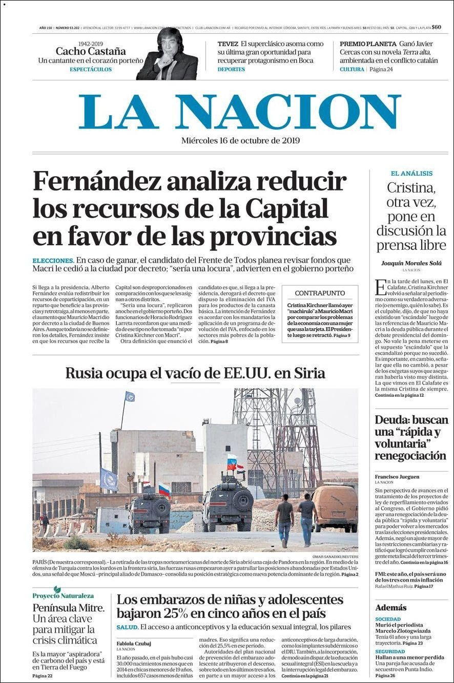 Tapas de diarios, La Nación, miércoles 16-10-19