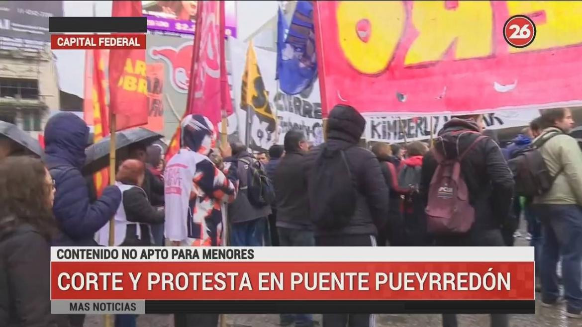 Protesta de trabajadores y corte del Puente Pueyrredón, CANAL 26