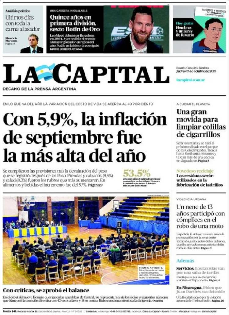 Tapas de diarios, La Capital, jueves 17-10-19