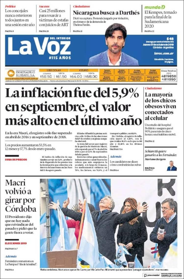 Tapas de diarios, La Voz, jueves 17-10-19
