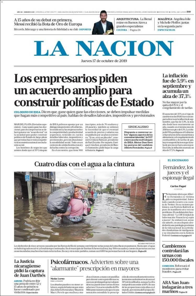 Tapas de diarios, La Nación, jueves 17-10-19