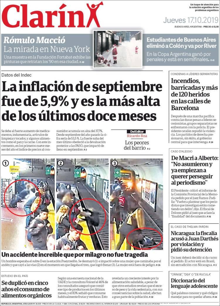 Tapas de diarios, Clarín, jueves 17-10-19