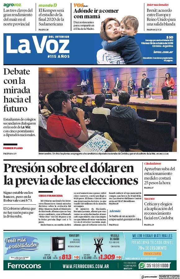 Tapas de diarios, La Voz, viernes 18-10-19