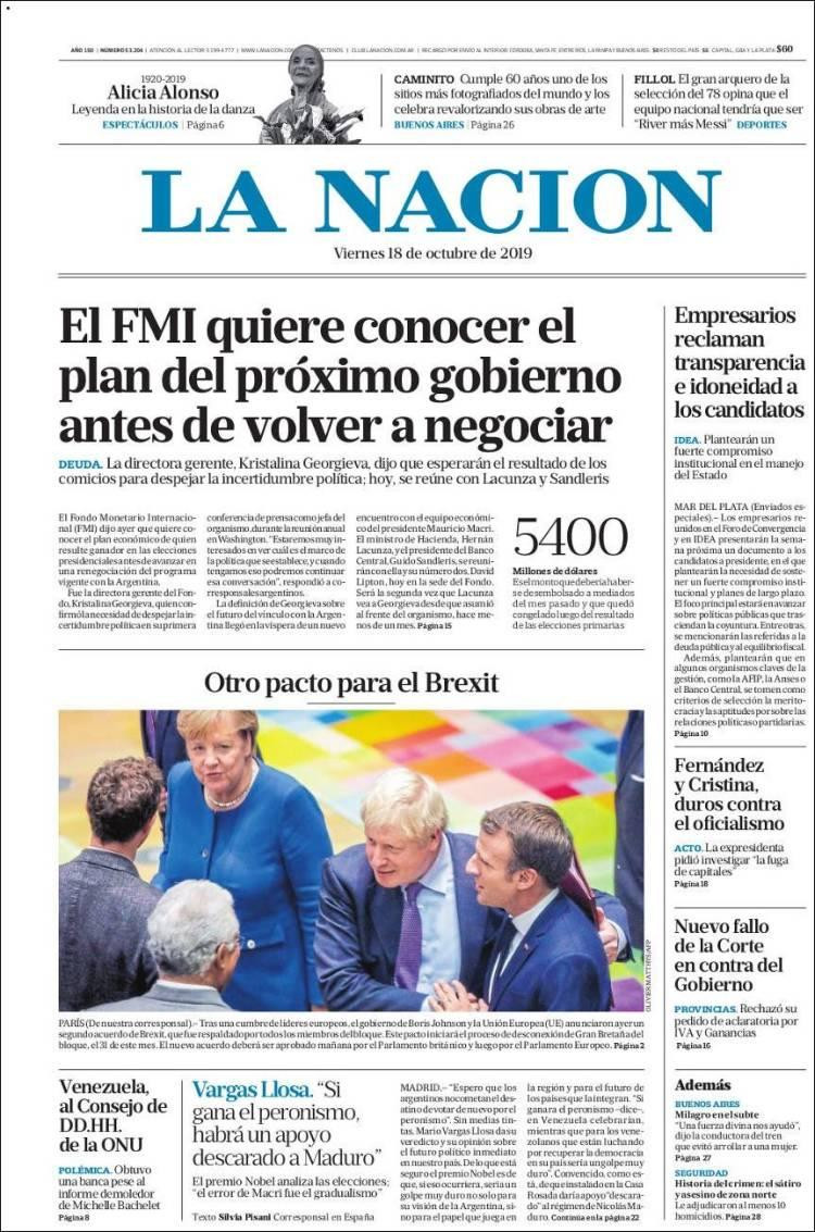 Tapas de diarios, La Nación, viernes 18-10-19