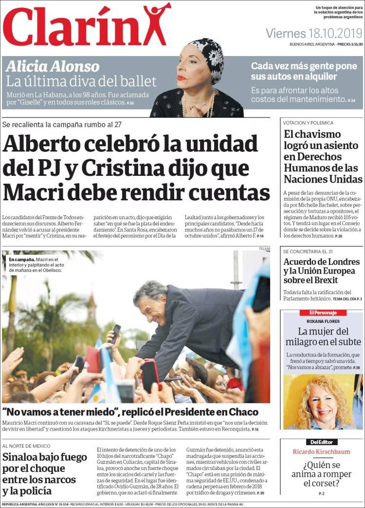 Tapas de diarios, Clarín, viernes 18-10-19