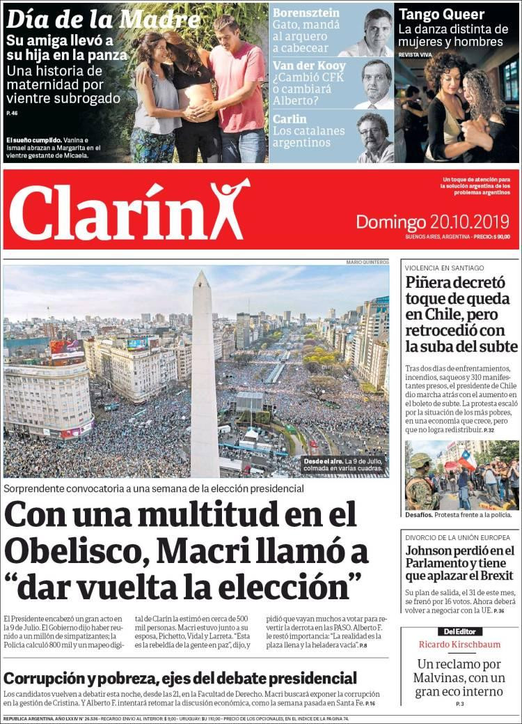 Tapas de Diarios, Clarín, Domingo 20-10-19	