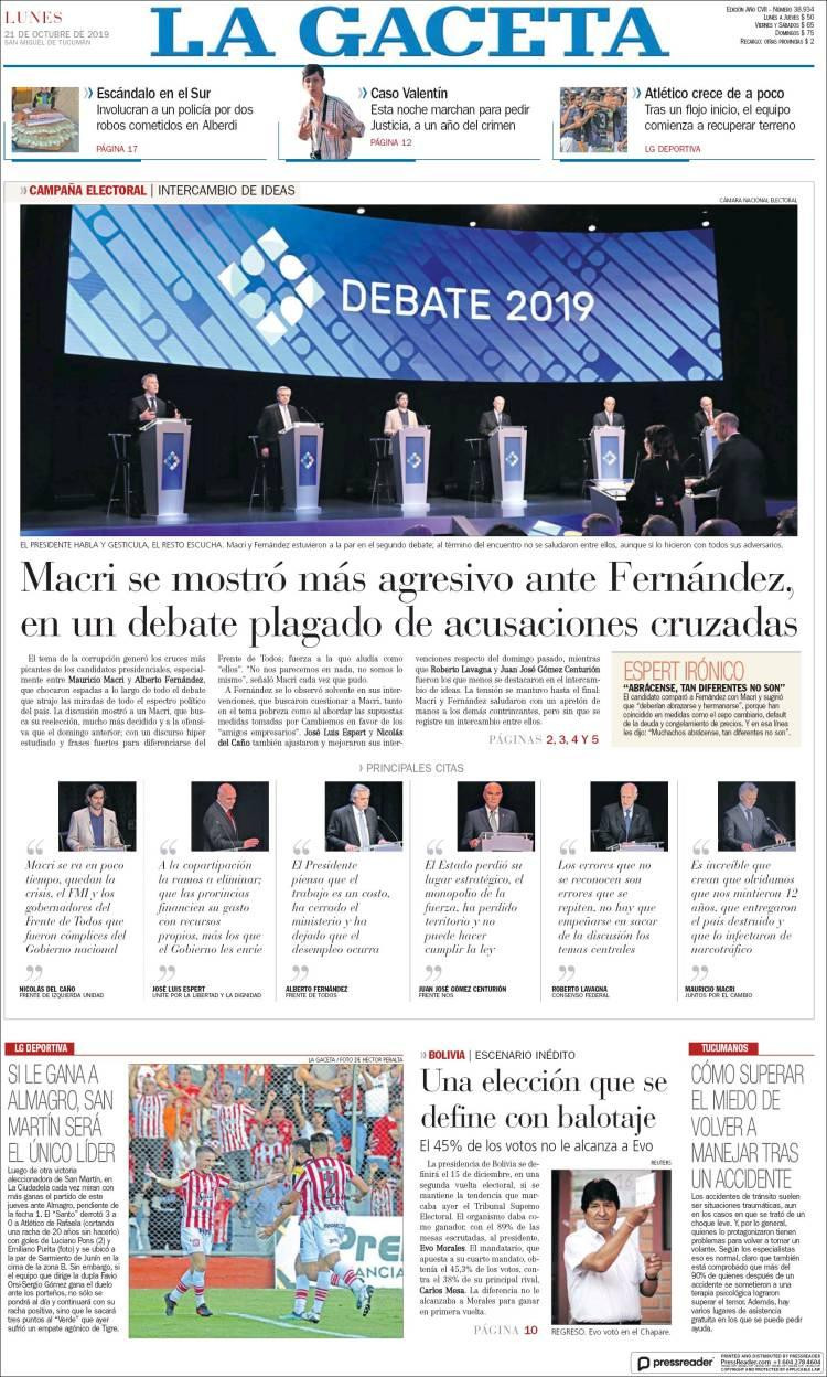 Tapas de Diarios, La Gaceta lunes 21-10-19