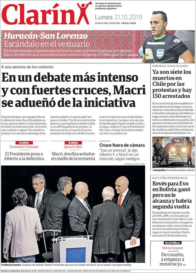 Tapas de Diarios, Clarín lunes 21-10-19