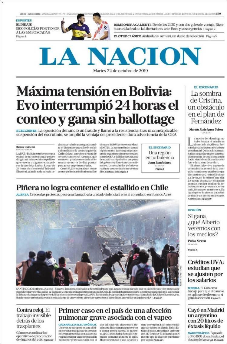Tapas de Diarios, La Nación martes 22-10-19