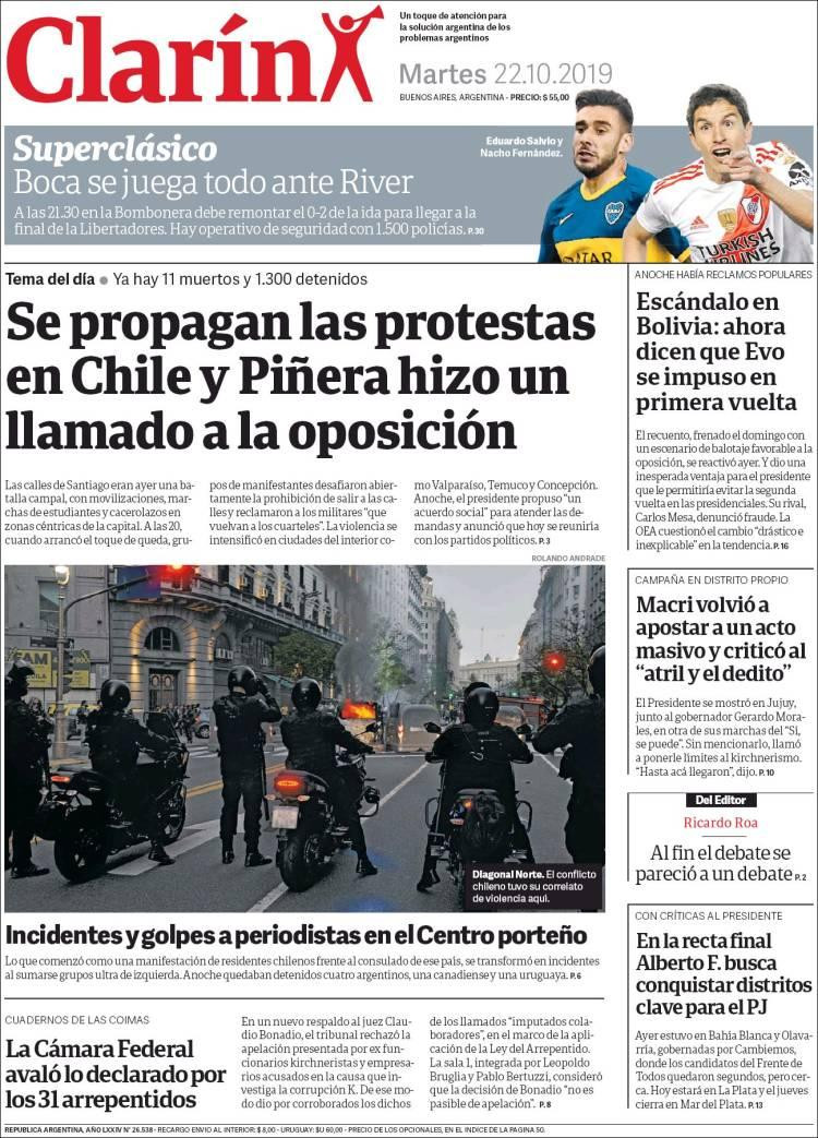 Tapas de Diarios, Clarín martes 22-10-19