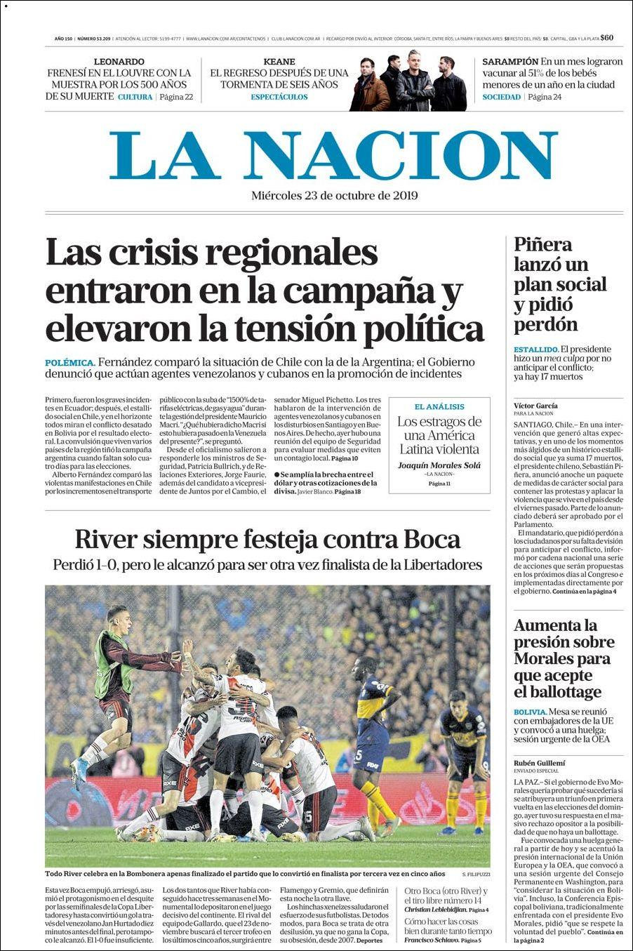 Tapas de diarios, La Nación, miércoles 23-10-19