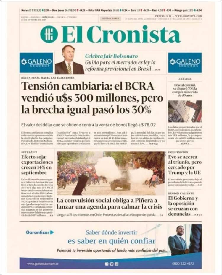 Tapas de diarios, El Cronista, miércoles 23-10-19