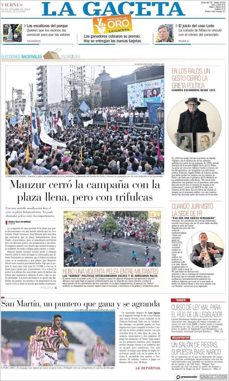 Tapas de diarios, La Gaceta viernes 25-10-19