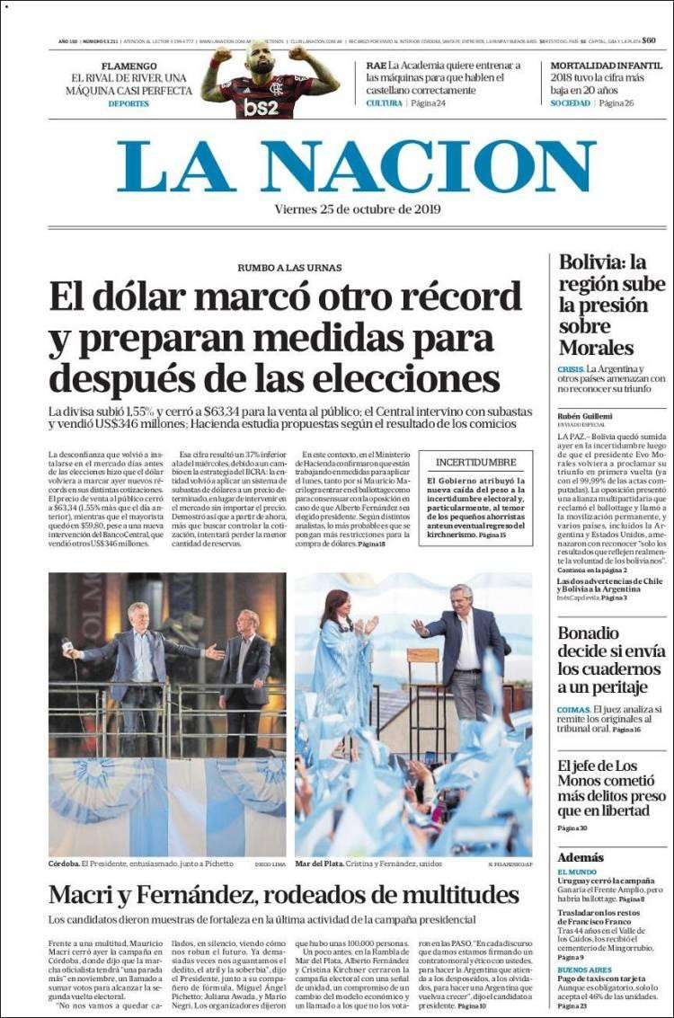 Tapas de diarios, La Nación viernes 25-10-19