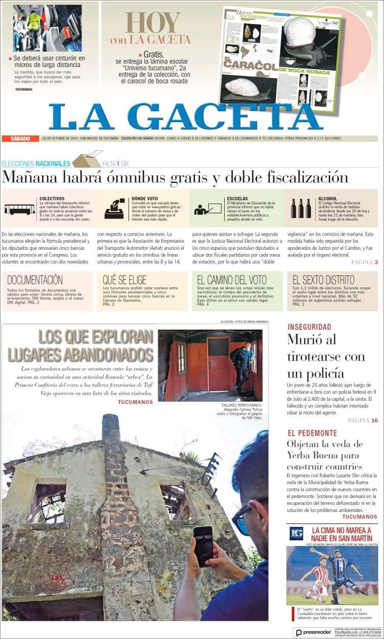 Tapas de diarios, La Gaceta sábado 26-10-19