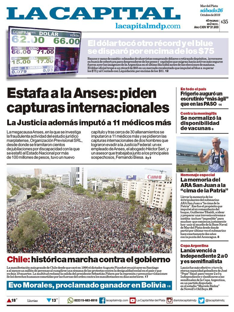 Tapas de diarios, La Capital Mar del Plata sábado 26-10-19