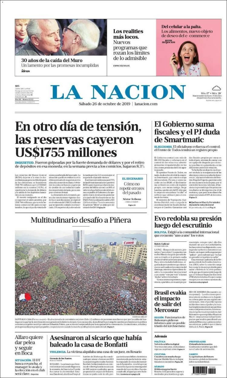 Tapas de diarios, La Nación sábado 26-10-19