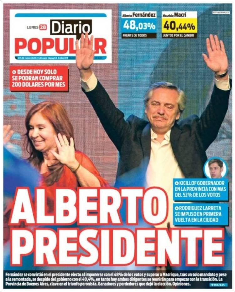 Tapas de diarios, Diario Popular lunes 28-10-19