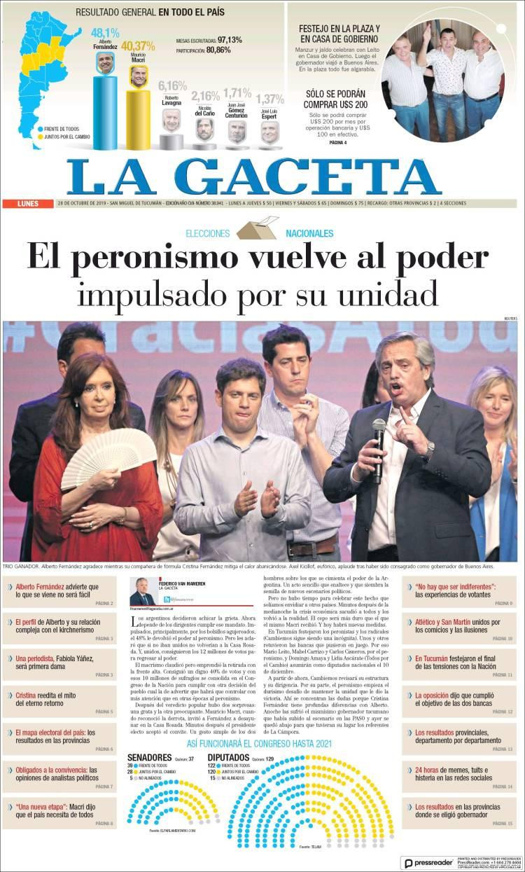 Tapas de diarios, La Gaceta lunes 28-10-19