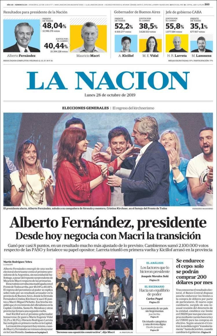 Tapas de diarios, La Nación lunes 28-10-19