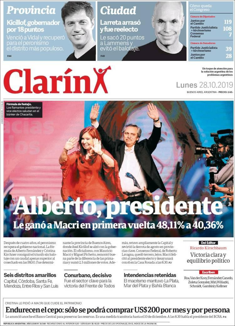 Tapas de diarios, Clarín lunes 28-10-19