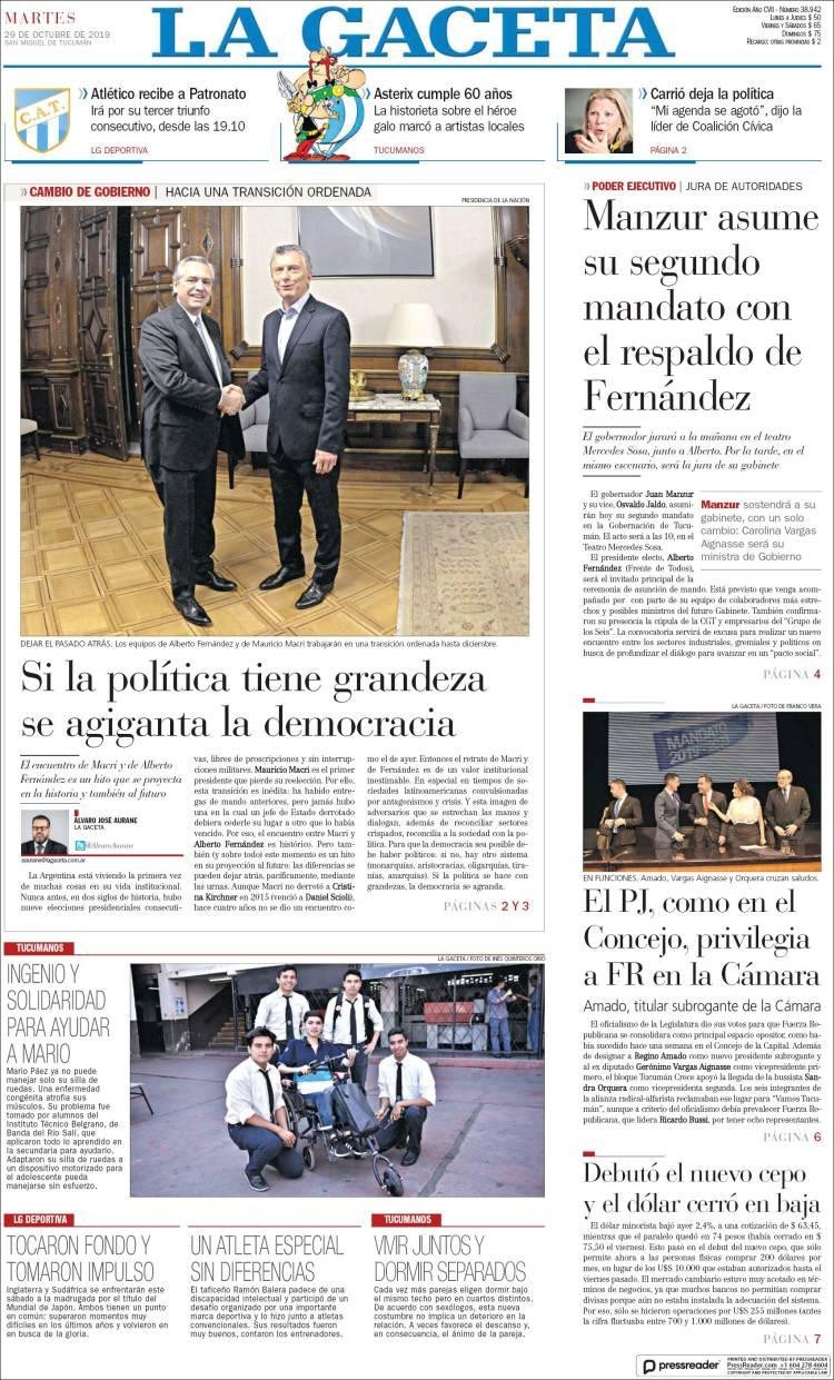 Tapas de diarios, La Gaceta martes 29-10-19