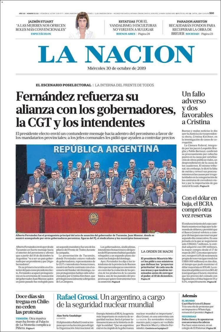 Tapas de diarios, La Nación miércoles 30-10-19