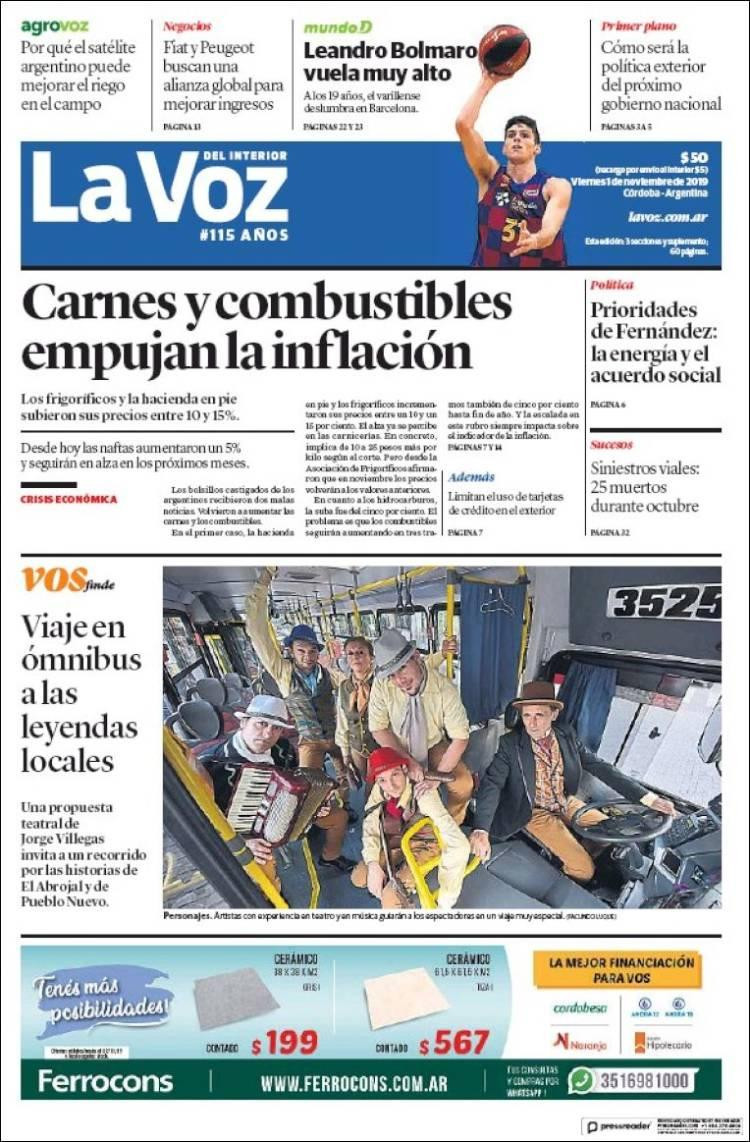 Tapas de diarios, La Voz, viernes 1-11-19