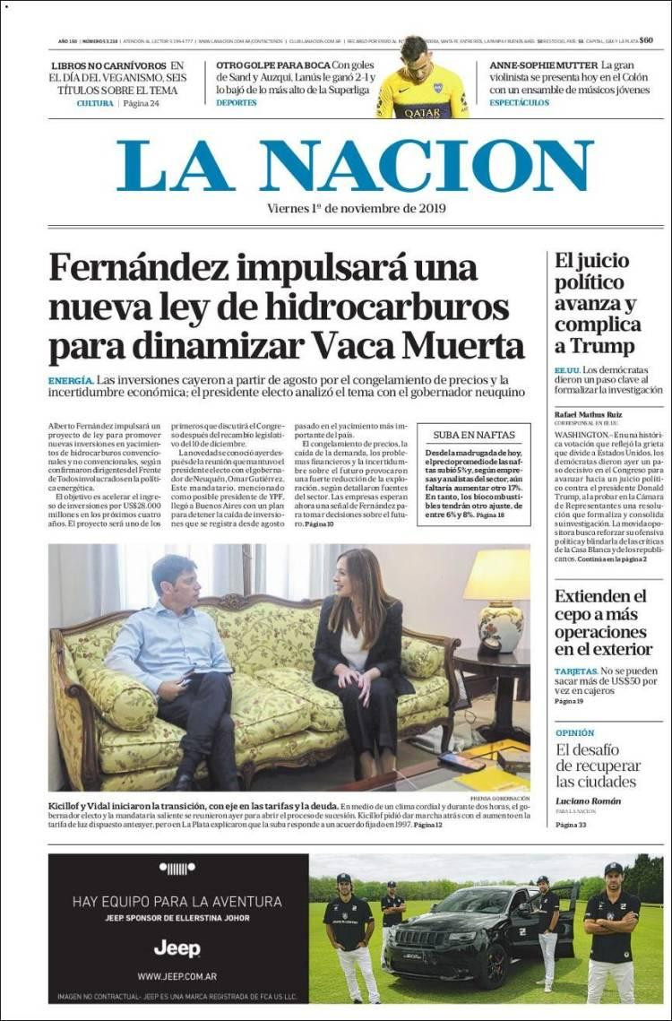 Tapas de diarios, La Nación, viernes 1-11-19