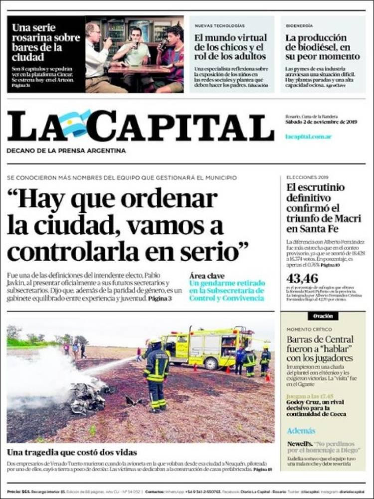 Tapas de diarios, La Capital, sábado 02-11-19	