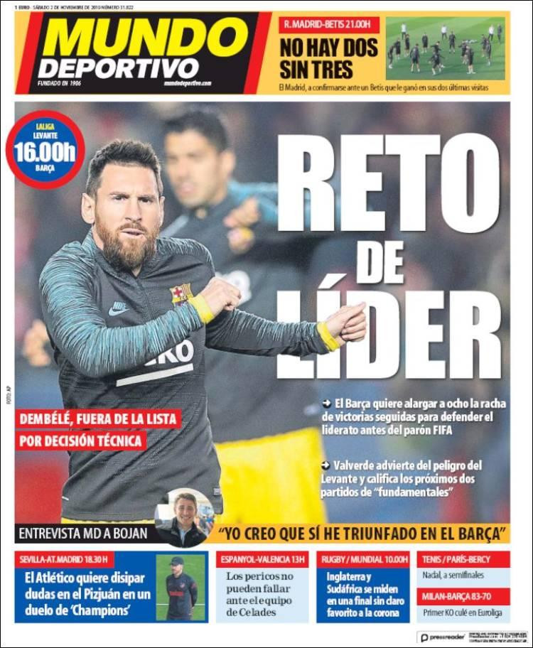 Tapas de diarios, Mundo Deportivo, sábado 2-11-19	