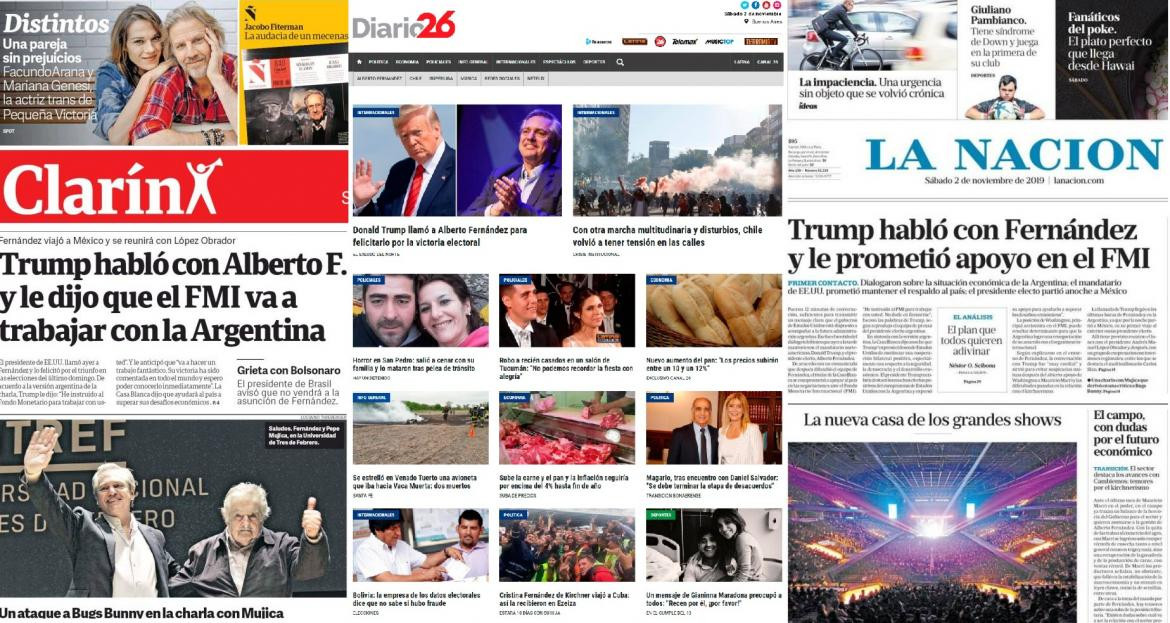 Tapas de diarios argentinos, sábado 02-11-19	