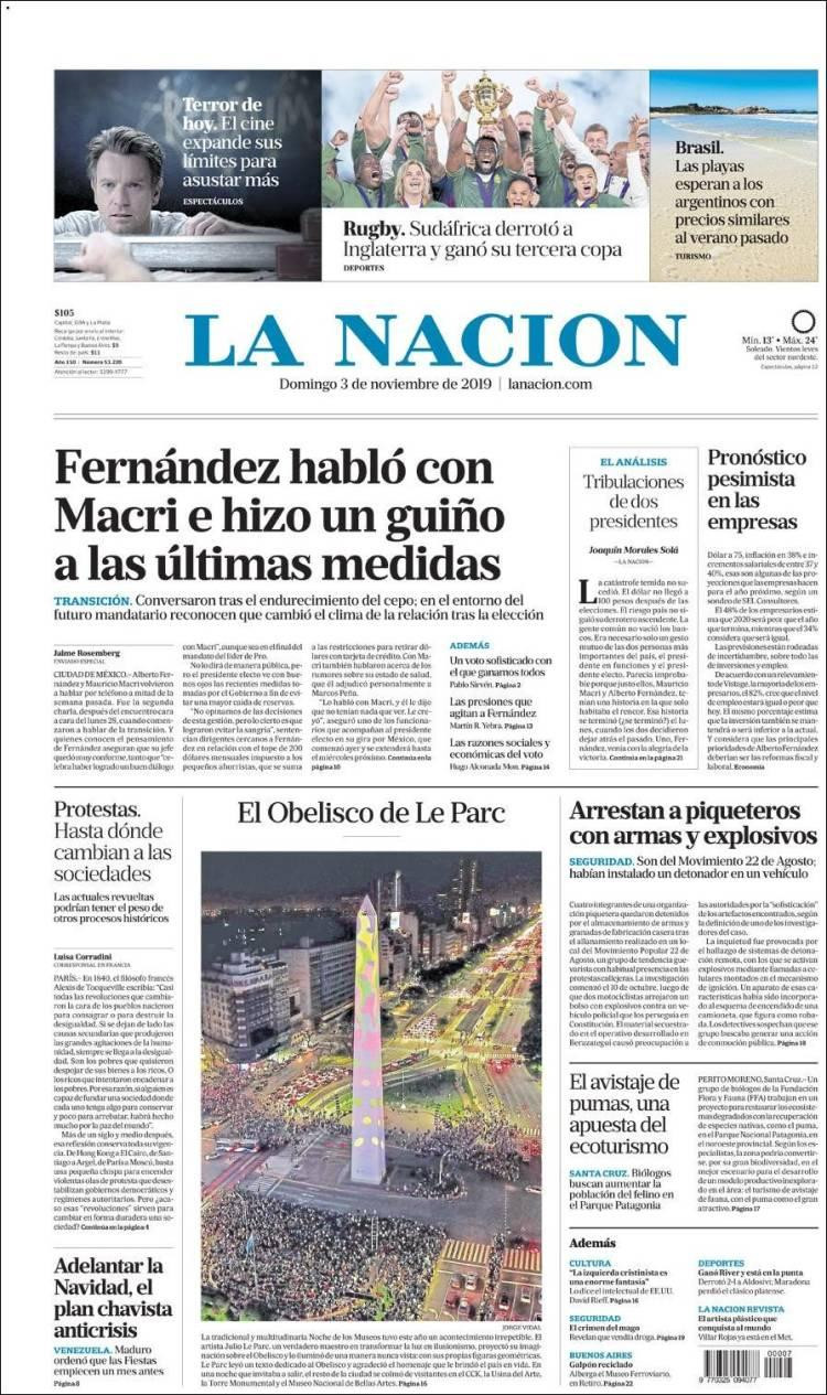 Tapas de diarios, La Nación, domingo 3-11-19	