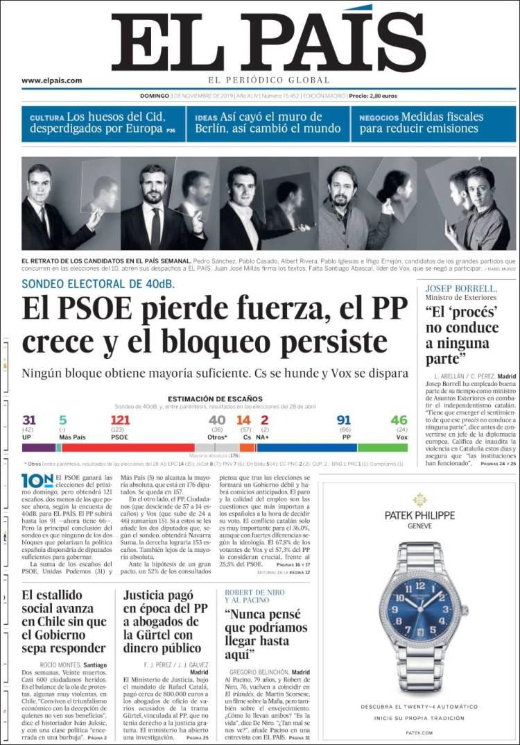 Tapas de diarios, El País, domingo 3-11-19	