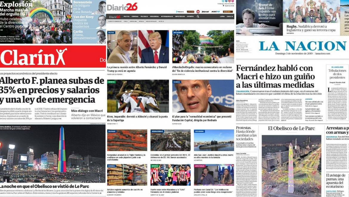 Tapas de diarios argentinos, domingo 3-11-19	