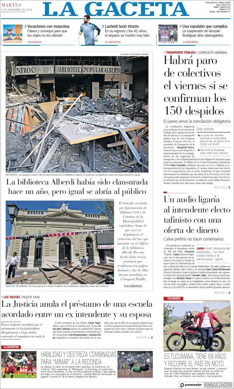 Tapas de diarios, La Gaceta martes 5-11-19