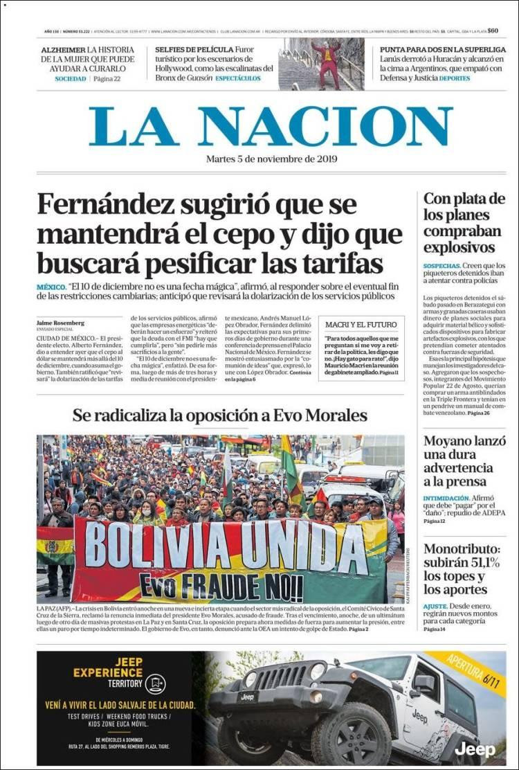 Tapas de diarios, La Nación martes 5-11-19