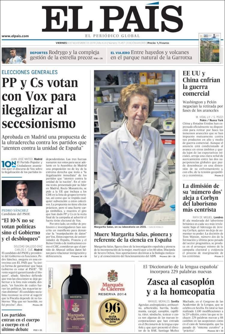 Tapas de diarios, El Pais de España, viernes 08-11-19