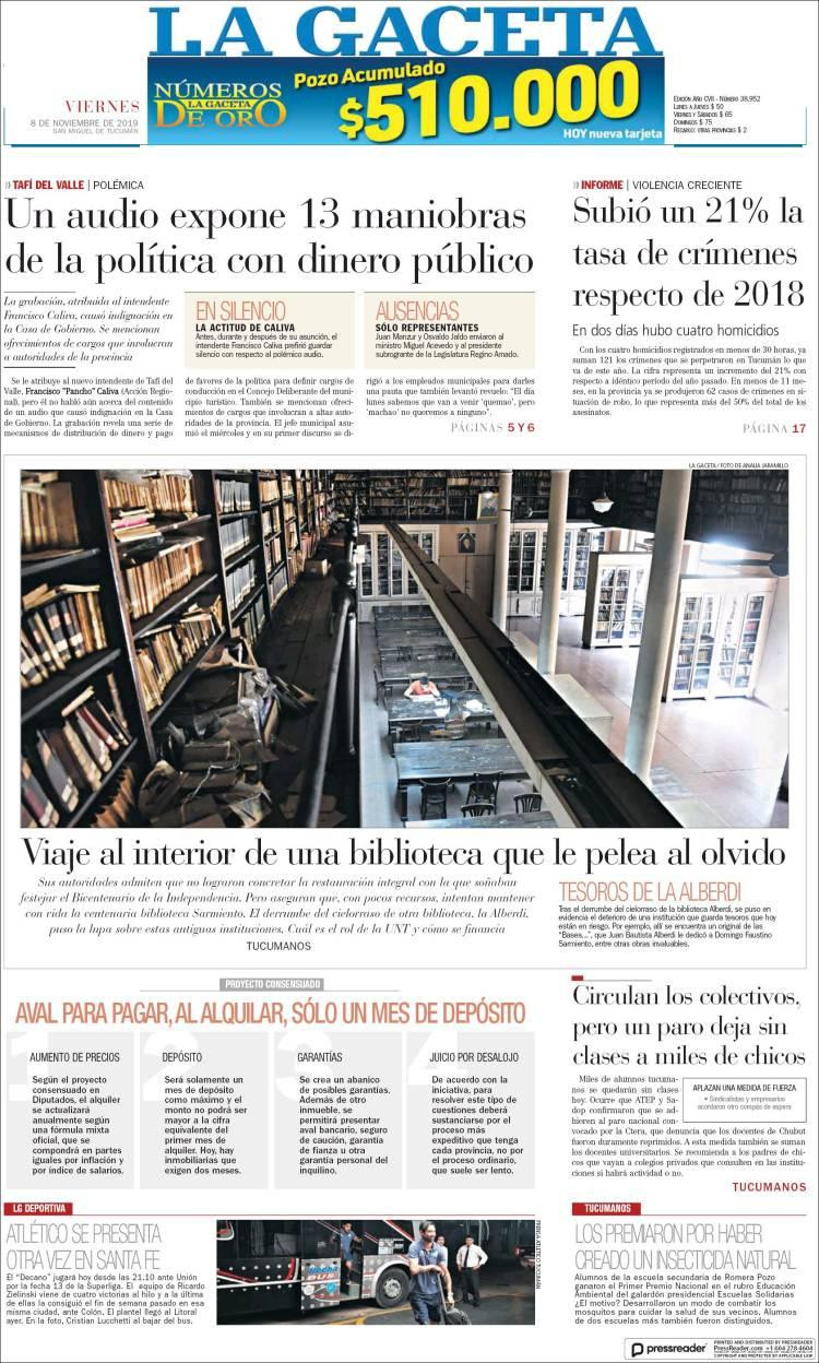 Tapas de diarios, La Gaceta, viernes 08-11-19