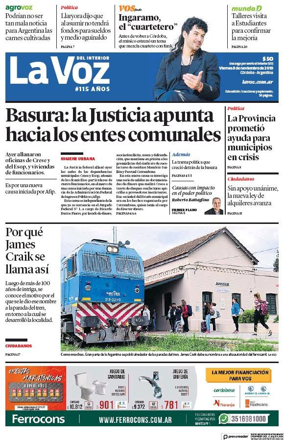 Tapas de diarios, La Voz del Interior, viernes 08-11-19