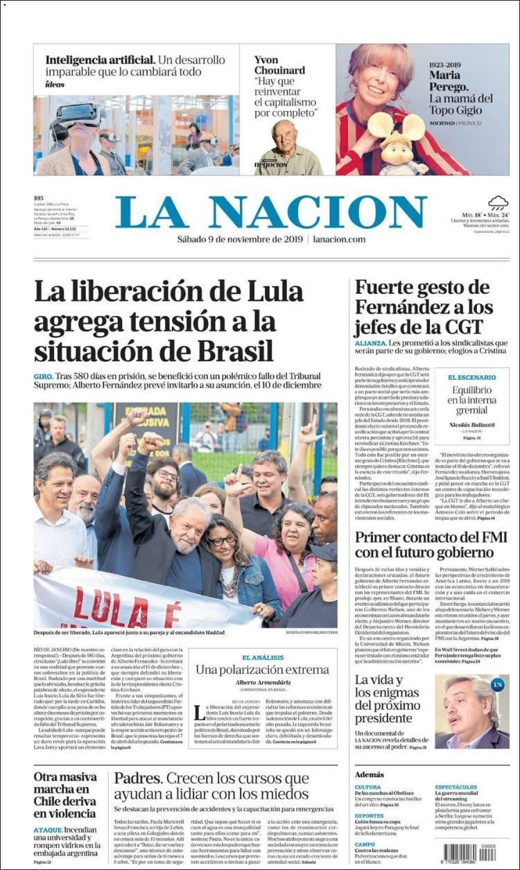 Tapas de diarios, La Nación, sábado 9-11-19