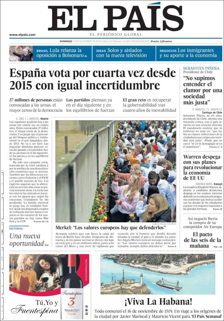 Tapas de diarios, El Pais de España, domingo 10-11-19