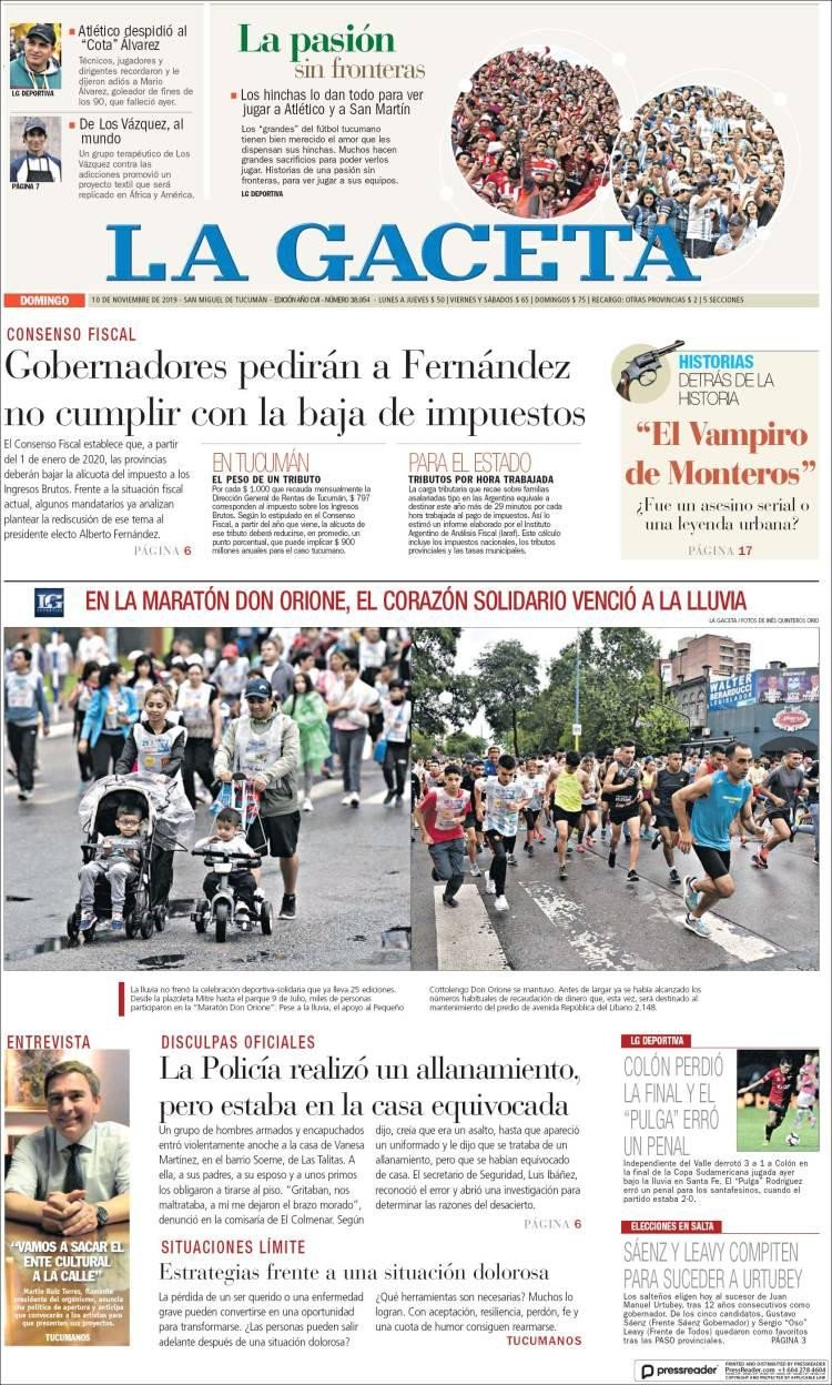 Tapas de diarios, La Gaceta, domingo 10-11-19