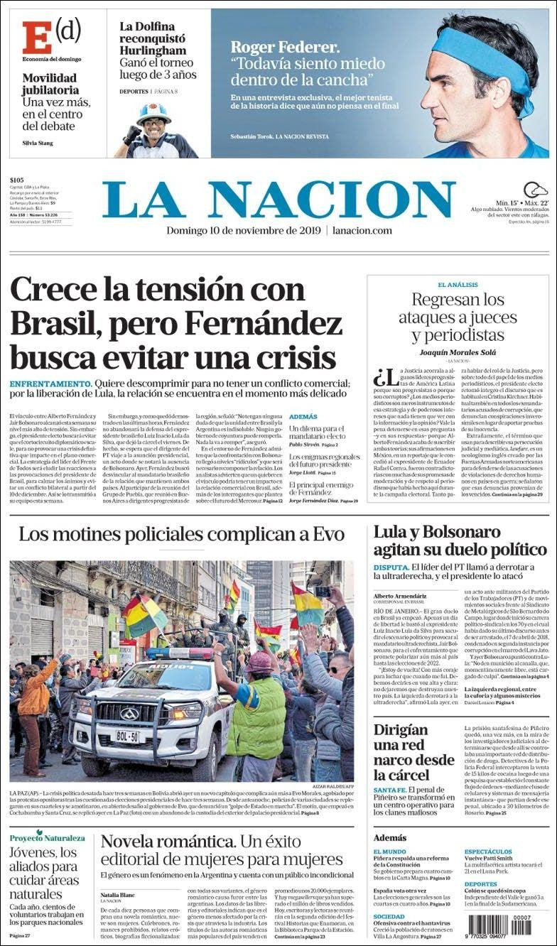 Tapas de diarios, La Nación, domingo 10-11-19