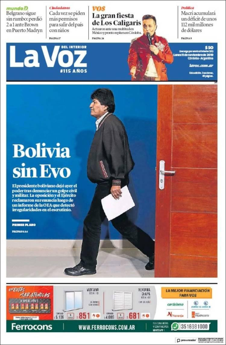 Tapas de diarios, La Voz lunes 11-11-19