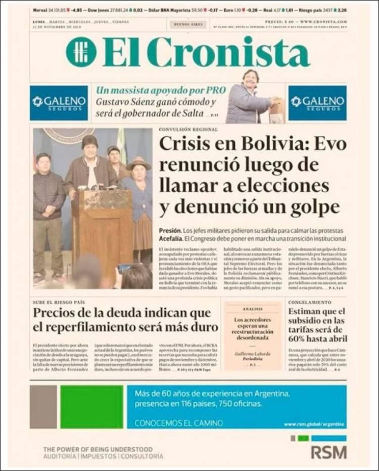 Tapas de diarios, El Cronista 11-11-19