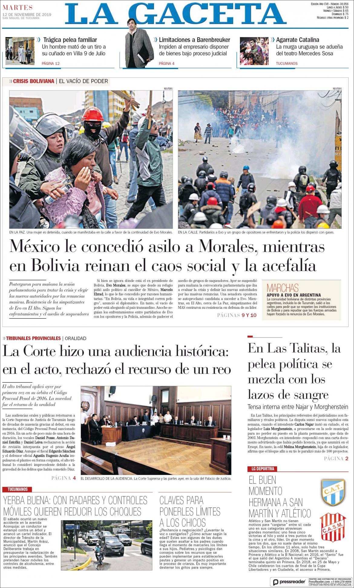 Tapas de diarios, La Gaceta, martes 12-11-19