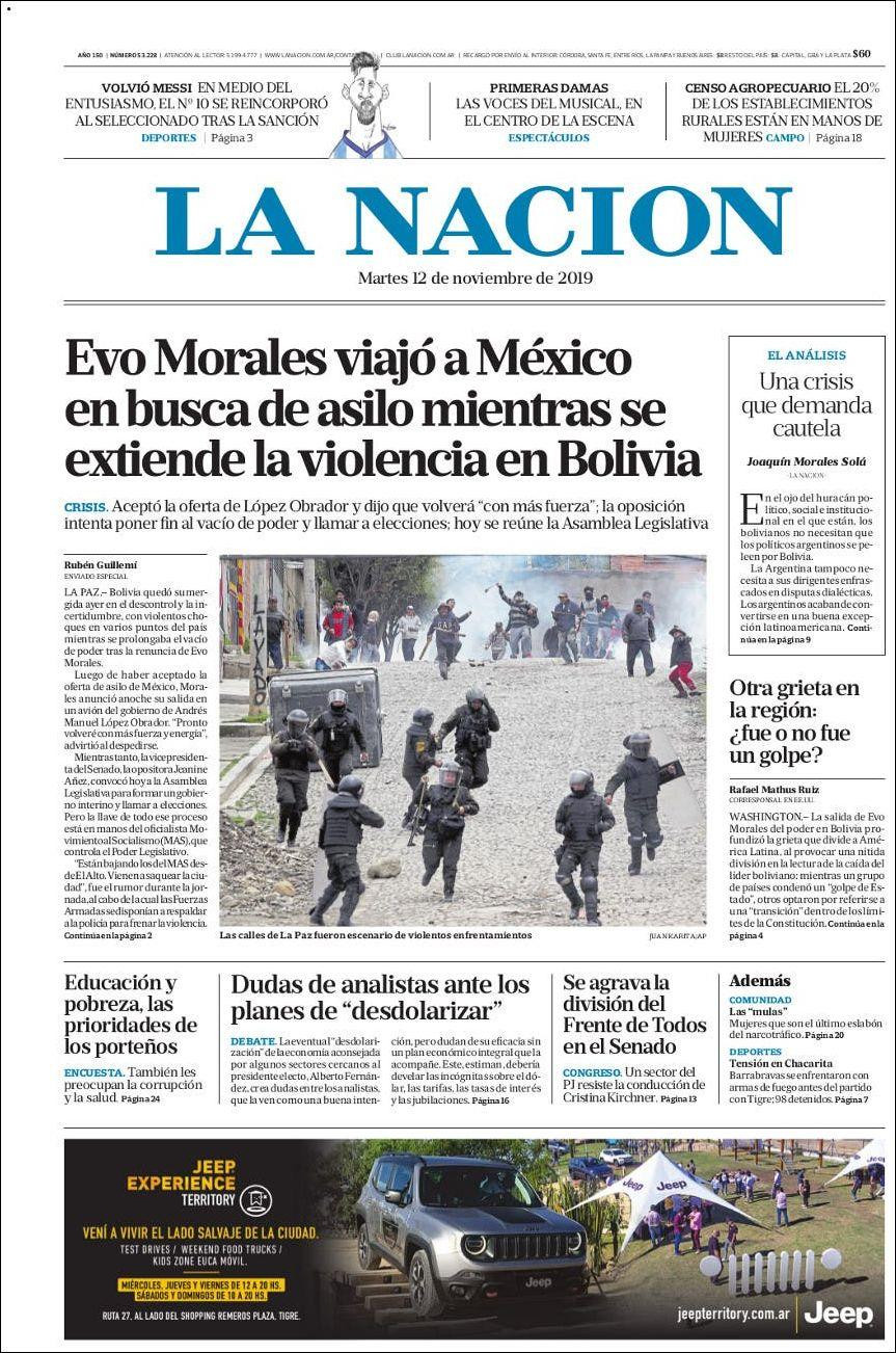 Tapas de diarios, La Nación, martes 12-11-19